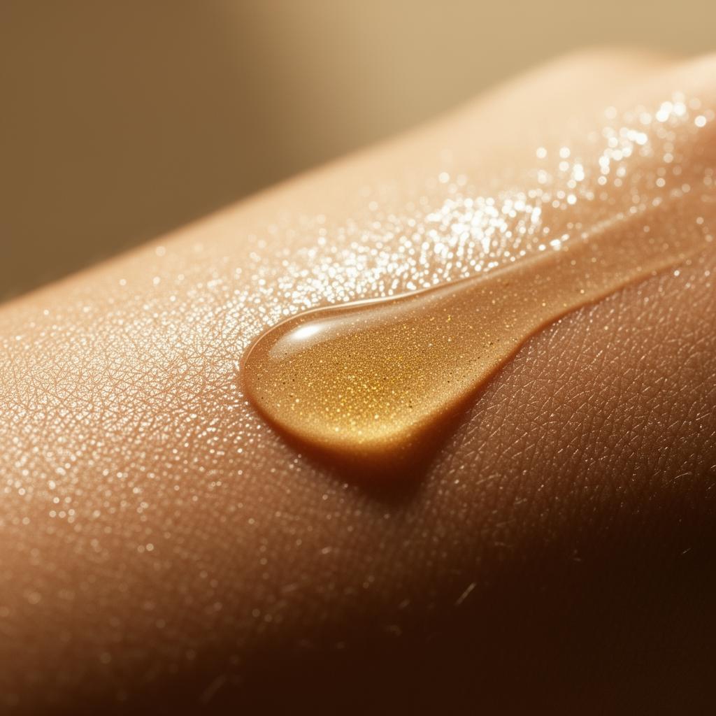 Golden serum droplet on glowing skin