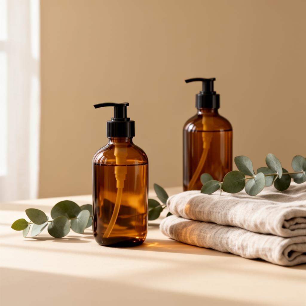 Amber glass spa bottles with eucalyptus and linen