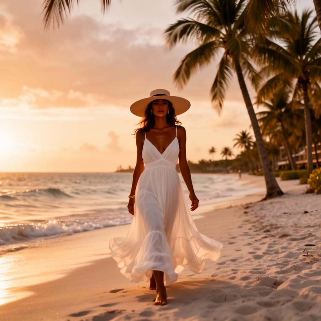 Woman in white linen on tropical beach